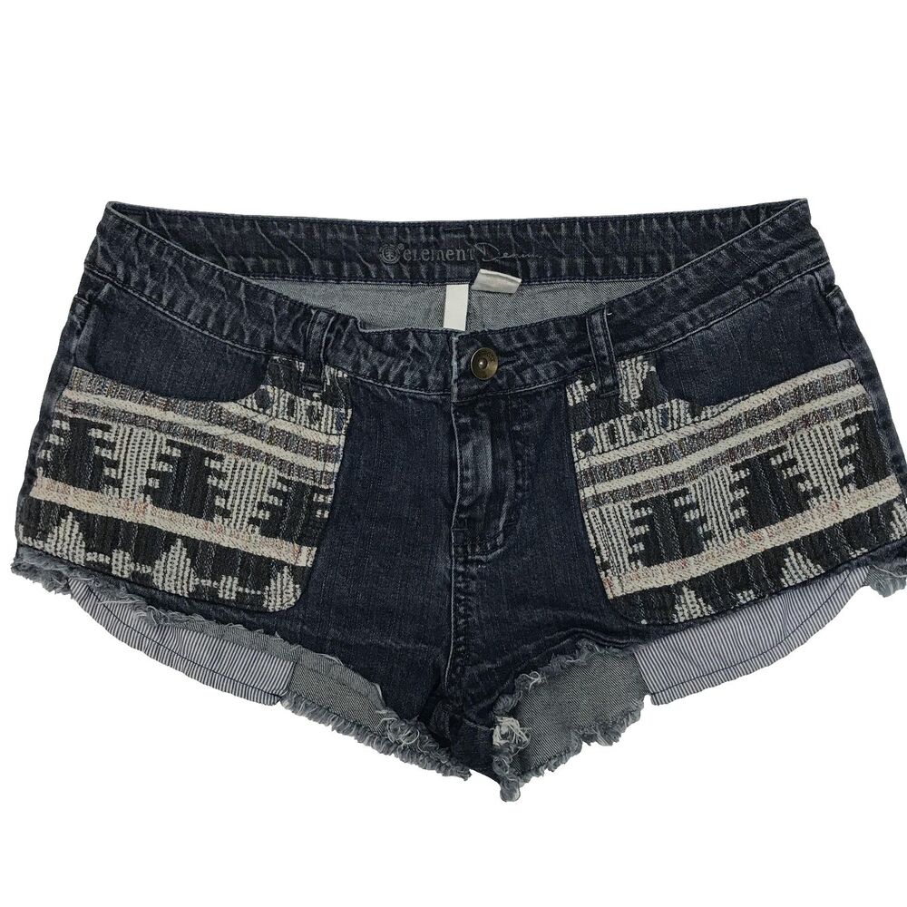 Element Denim Shorts Womens 29 Dark Wash Dawn Aztec Patch Cutoff Frayed Hem